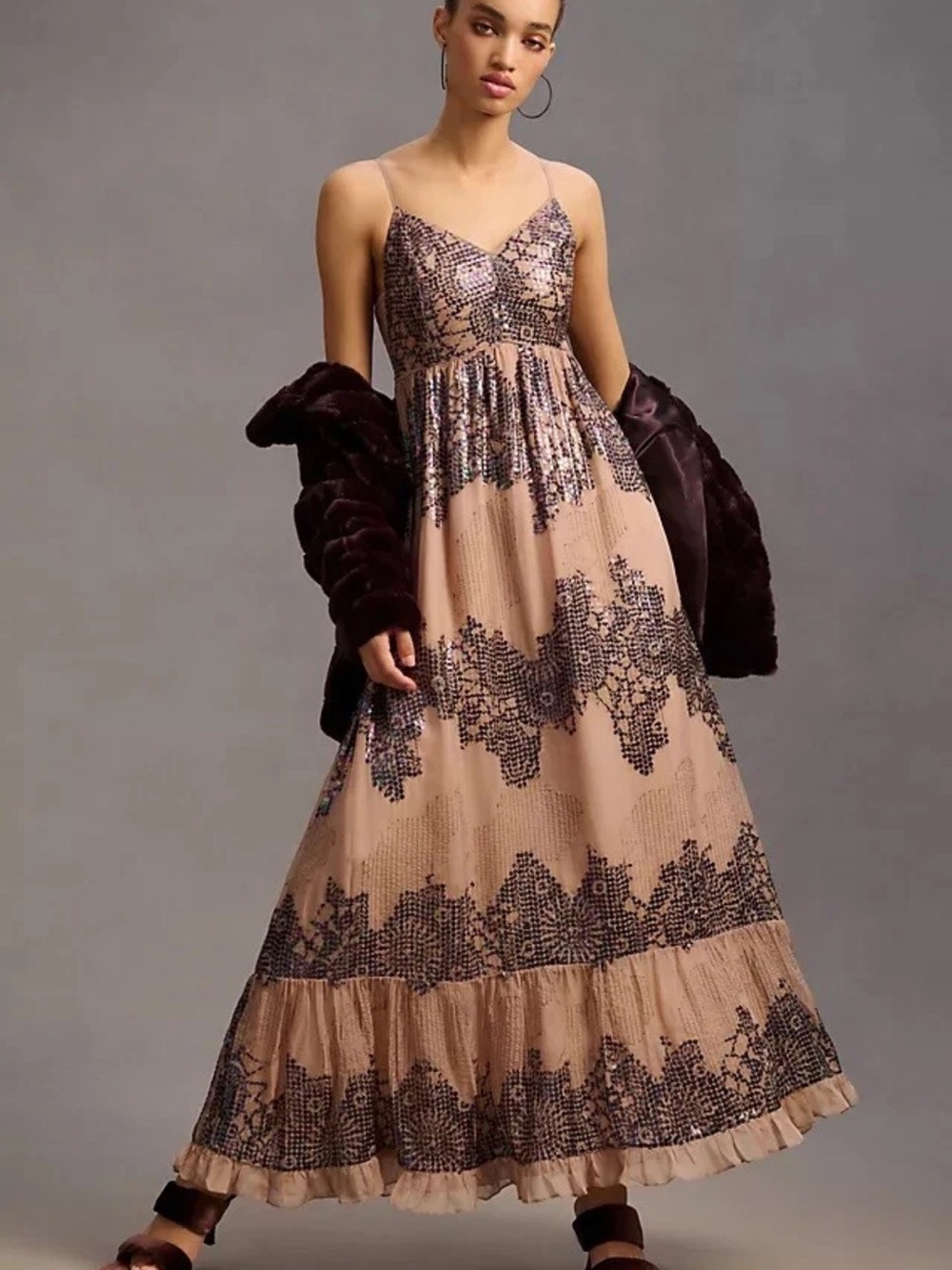 Anthropologie Let Me Be Deep V Dress Sequins Maxi Smocked Tan Sz L Petite NEW